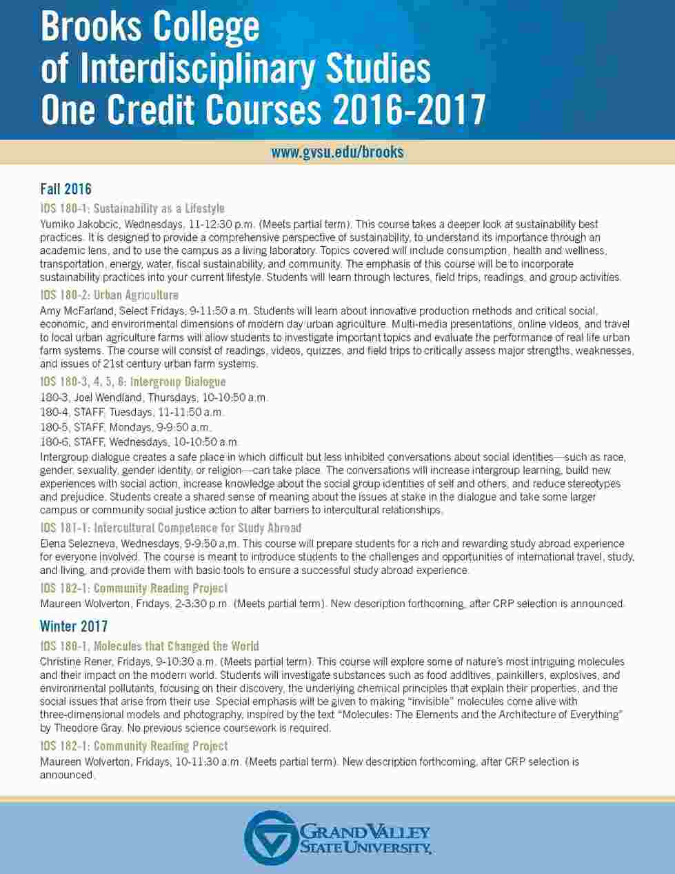 IDS 180 One Credit Courses Integrative Learning Grand Valley State